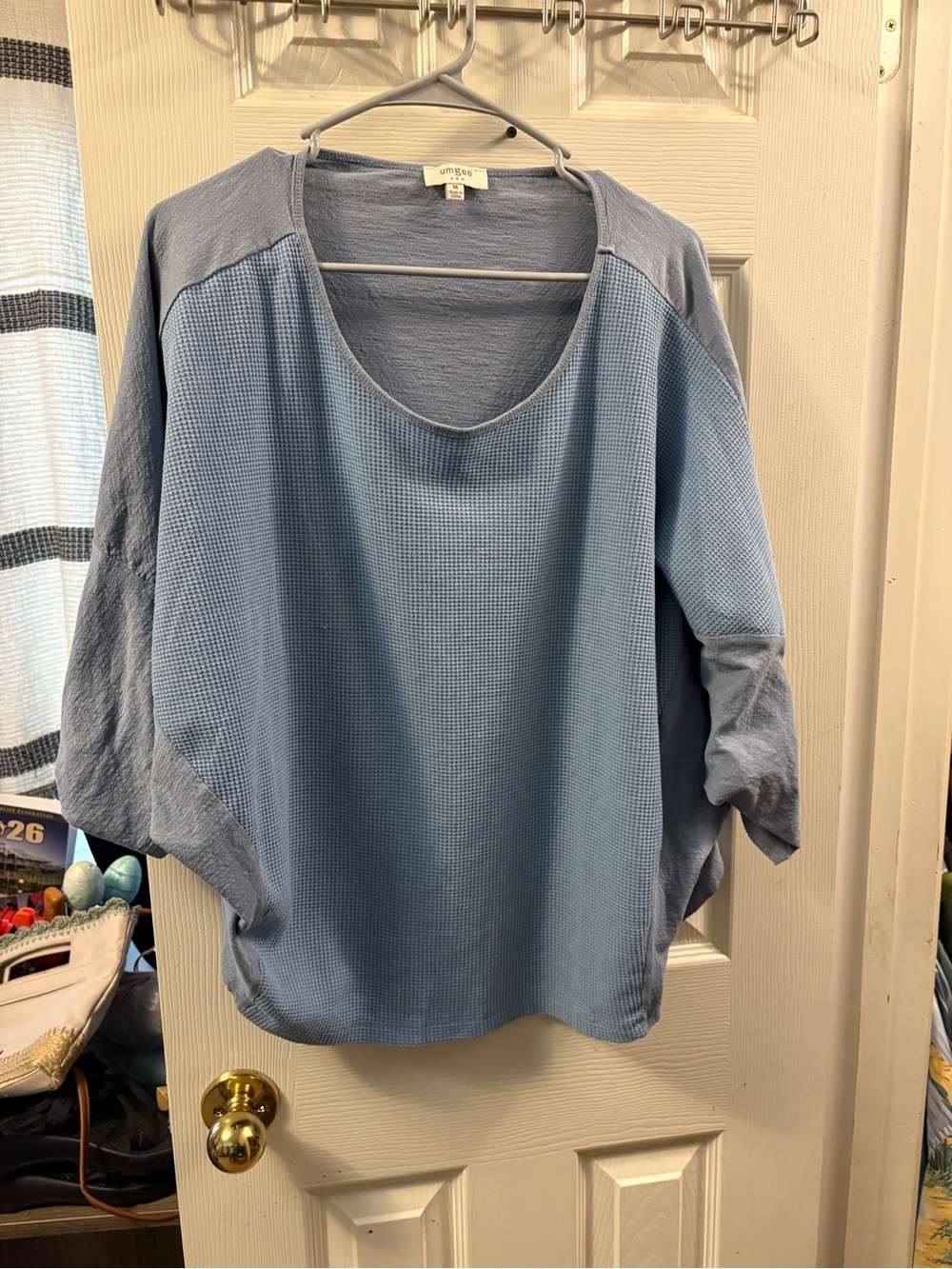 Umgee Light Blue Waffle Knit Pullover Shirt with flare sleeves